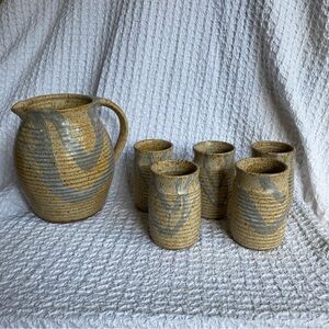 Vintage Pottery‎ pitcher and tumbler / cup set signed pottery jug pottery cups